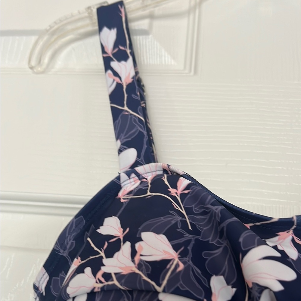 Blue and White Floral One-Piece Swimsuit with Ruffles - Picture 4 of 17